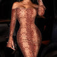 Europe and America autumn off-shoulder sexy snake pattern long sleeve waist-cinching dress