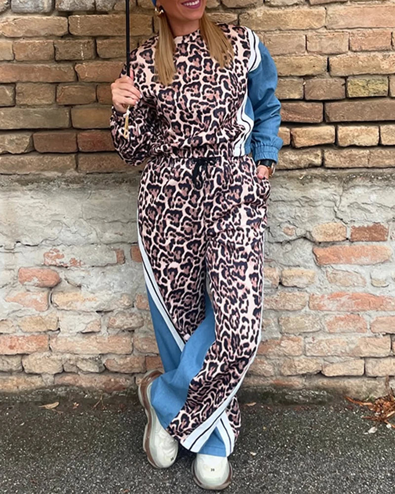 Fashion Women's Two-Piece Set Leopard Pattern Stripe Print Long Sleeve Pullover Drawstring Denim Pants Casual Pants Set