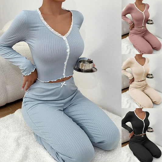Pajamas Suit Women 2 Piece Sets Sleepwear Trousers Ensemble Top Pants Single Breasted Bow Autumn Nightwear Outfits Loungewear