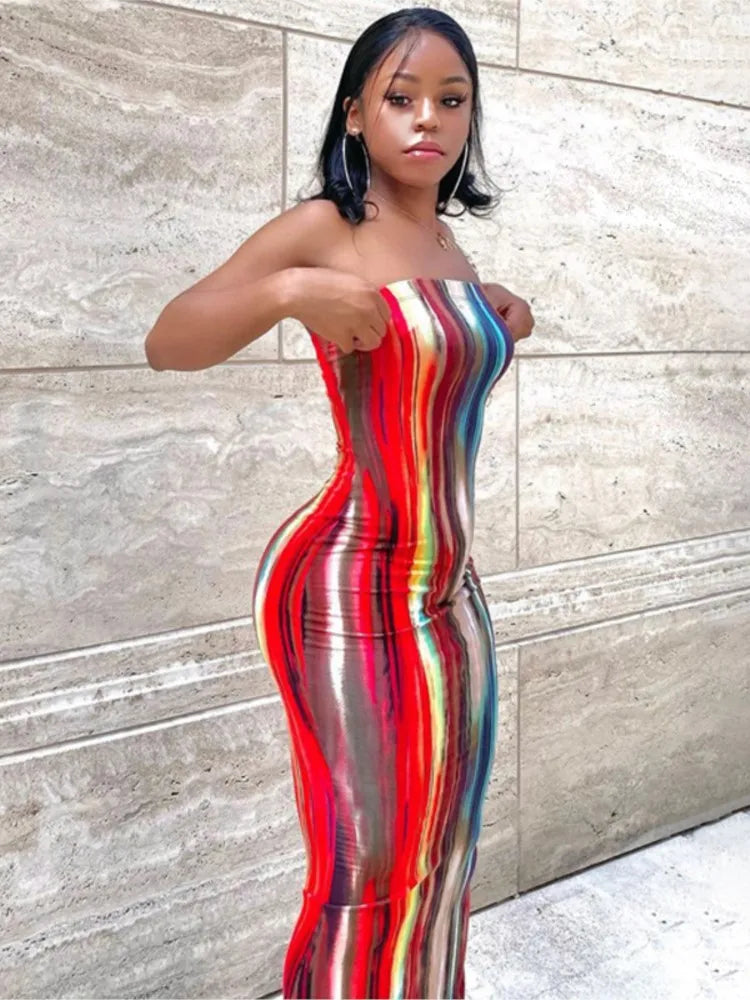 Spring And Summer Dresses For Women Chest Wrap Printed Off Shoulder Bandage Slim Sexy Long Dress New Fashion Party Long Sleeve