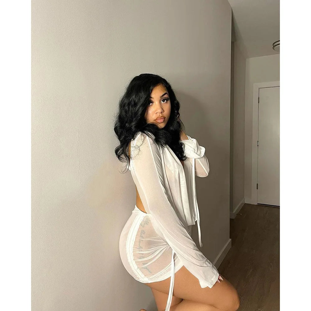 Women Party Outfit Two Pieces Set 2024 See Through Long Sleeve Club Party Bodycon Dresses Y2K Sexy Deep V Neck Mini Mesh Dress