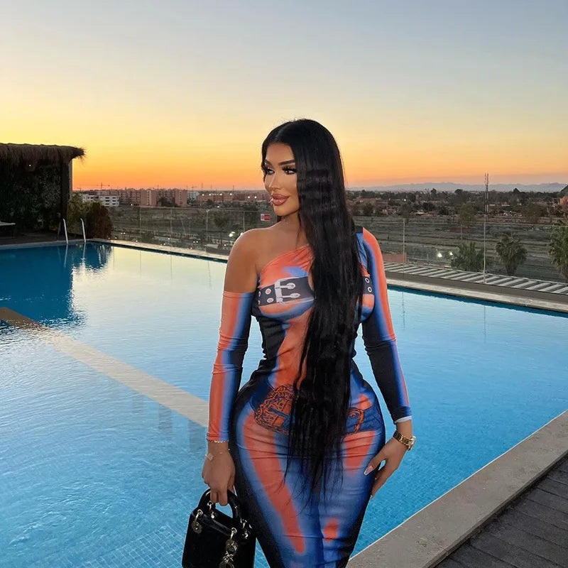 Autumn New Sexy Women Dresses Clubwear Hollow Out Fashion Print  Dresses Inclined Shoulder Skinny Female Slim Long Sleeves Dress