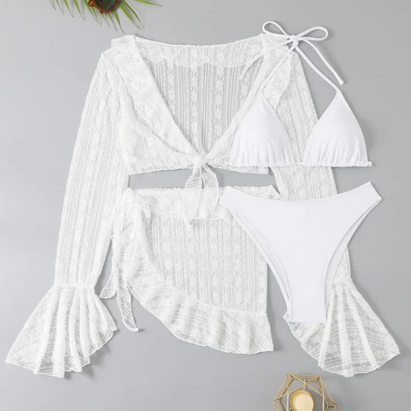 Women's 4 Piece Bikini Halter Neck Triangle Set High Cut Bikini Lettuce Trim Swimsuit Bathing Suit Cover Up Set