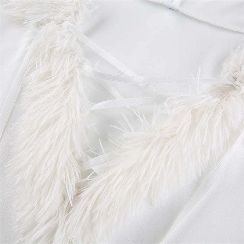 Women Plush Hem Splicing Frenulum V-neck Hooded Dress Winter Solid Color Long Sleeve Bodycon Dress for Female White