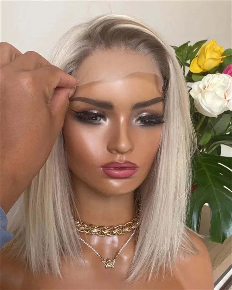 White Blonde Lace Front Wig 13x4 HD Clear Invisible Skin Top Lace wigs for Women Short Bob Wig Icy Color Silky Straight Cosplay