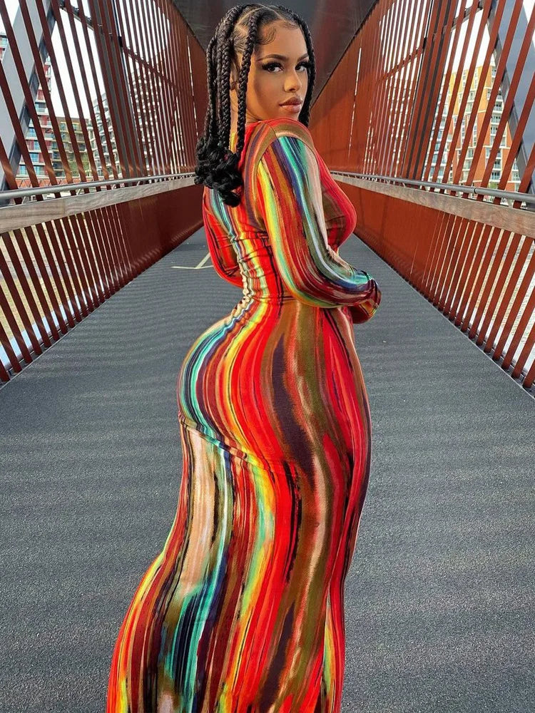 Spring And Summer Dresses For Women Chest Wrap Printed Off Shoulder Bandage Slim Sexy Long Dress New Fashion Party Long Sleeve