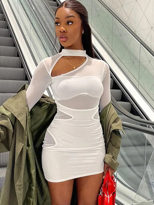 Weird Puss Sexy Mesh Dress Women Y2K Patchwork Hollow Solid Zip Summer Trend Skinny Elegant Hipster Stretch Bodycon Clubwear