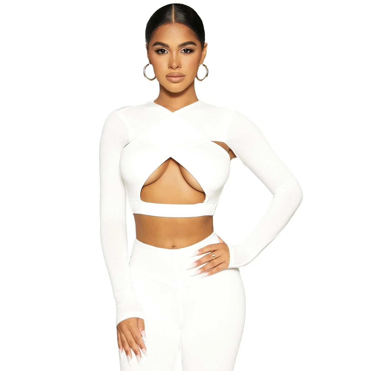 2021 Autumn New Women's Clothing Sexy Hollow Cross Solid Color Long Sleeve High-Waisted Tight Sports Casual Suit