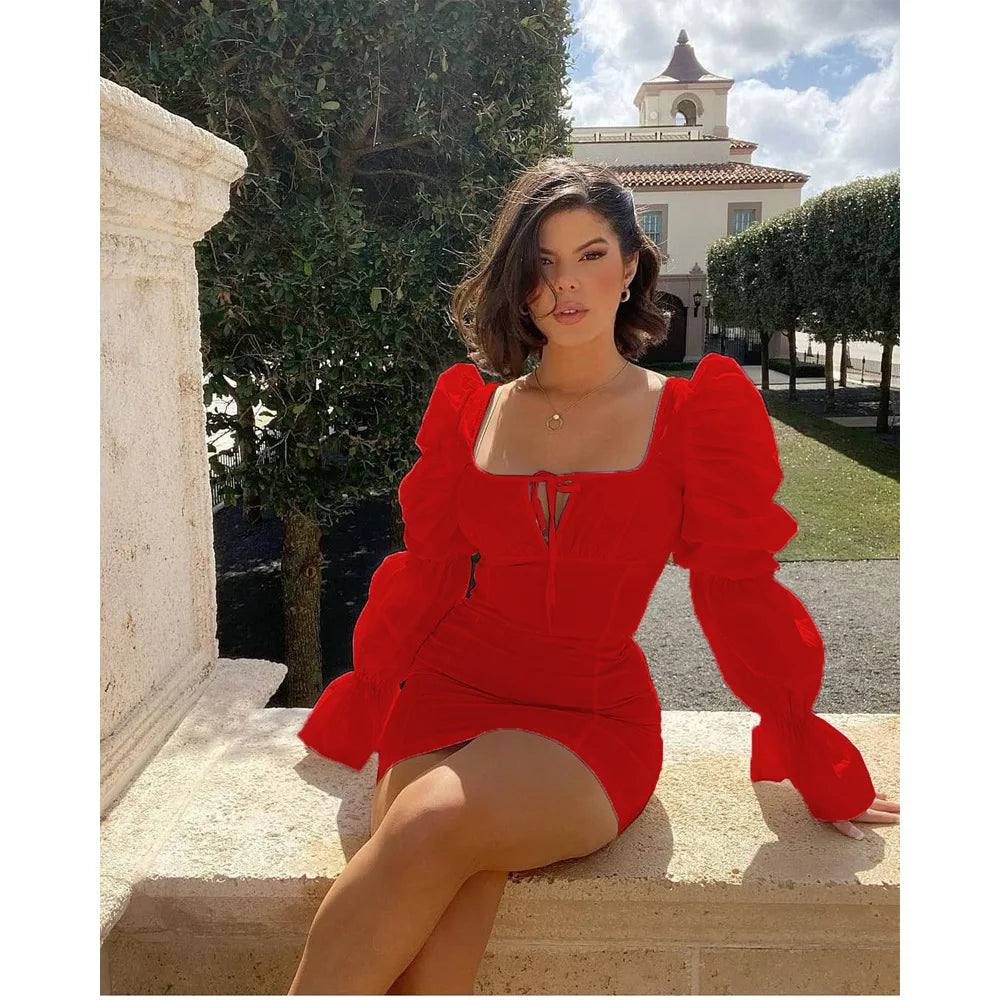 CM.YAYA Women Mini Dress Solid Full Puff Sleeve Square Collar Bandage Stretchy Bodycon Dresses Sexy Fashion Vestidos Summer 2021