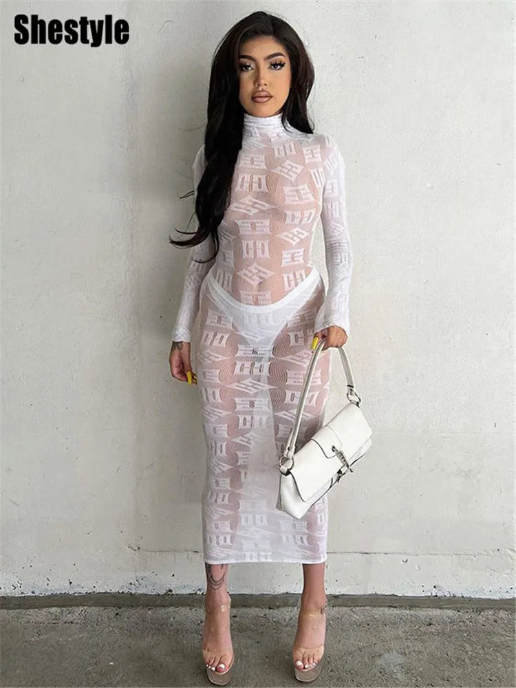 Shestyle See Through Super Elastic Long Pencil Dress Women Letter Print Mock Neck Clubwear Bodycone Hot Fashionable Outwear