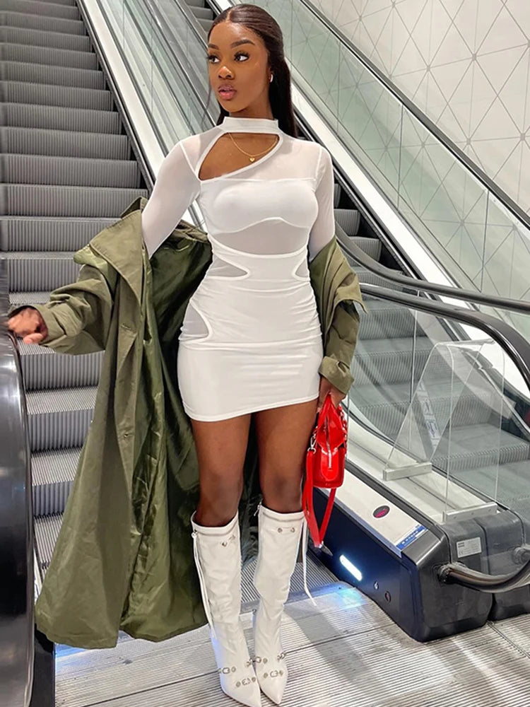 Weird Puss Sexy Mesh Dress Women Y2K Patchwork Hollow Solid Zip Summer Trend Skinny Elegant Hipster Stretch Bodycon Clubwear