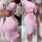 Europe And The United States Women's Short-sleeved Round Neck Blouse Leaky Waist Suit Tight Mid-length Package Hip Skirt