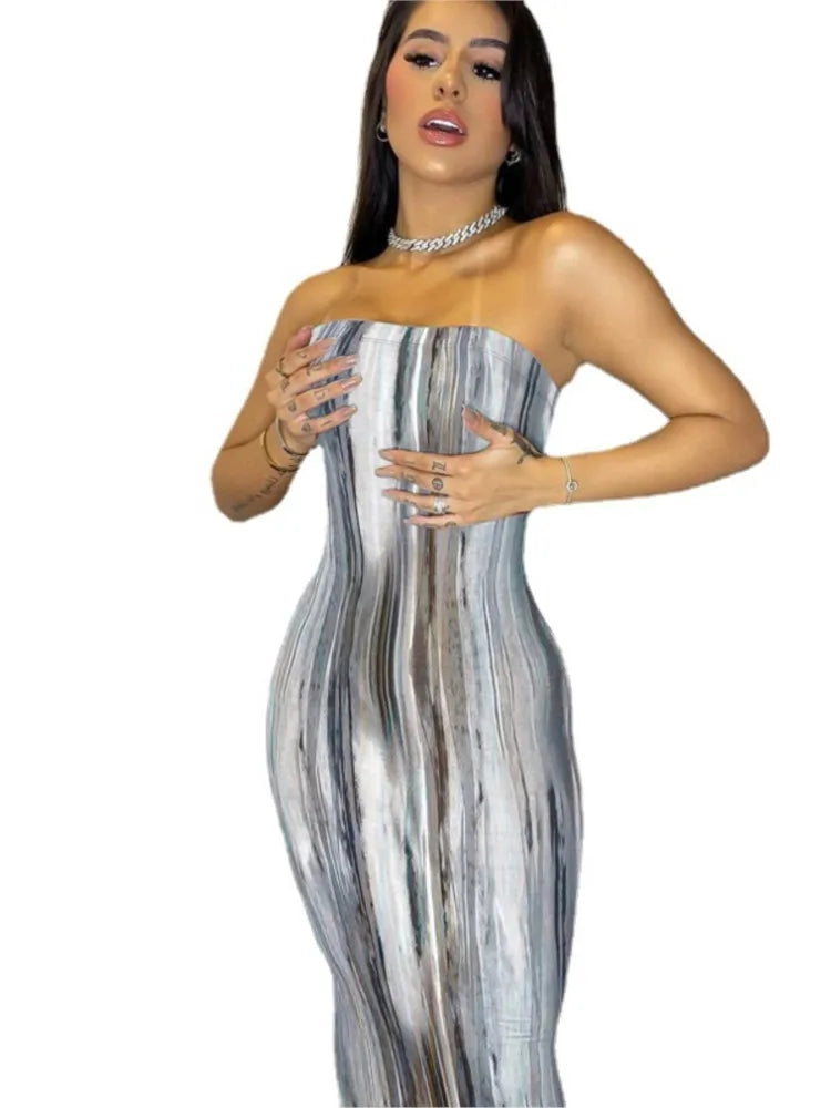 Spring And Summer Dresses For Women Chest Wrap Printed Off Shoulder Bandage Slim Sexy Long Dress New Fashion Party Long Sleeve