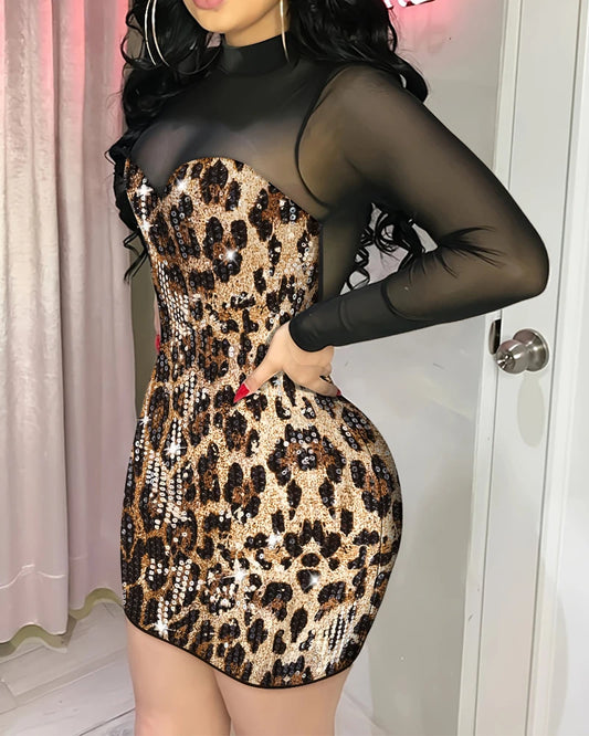 Mesh contrasting patchwork leopard print bead sexy tight skirt