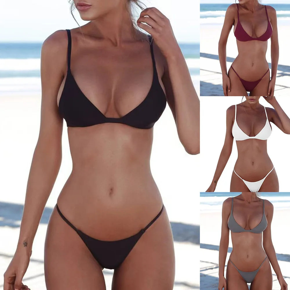 Womens Solid Color Two Piece Sexy Swimsuit Suit Fashion Casual Versatile Bar Bikini Set Beach Pool Party Low Rise Swimwear