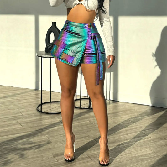 Womens Metallic Cargo Skorts Utility Asymmetrical Slit High Waist Faux Leather PU Shorts Stretchy Pockets Shiny Shorts Skirts