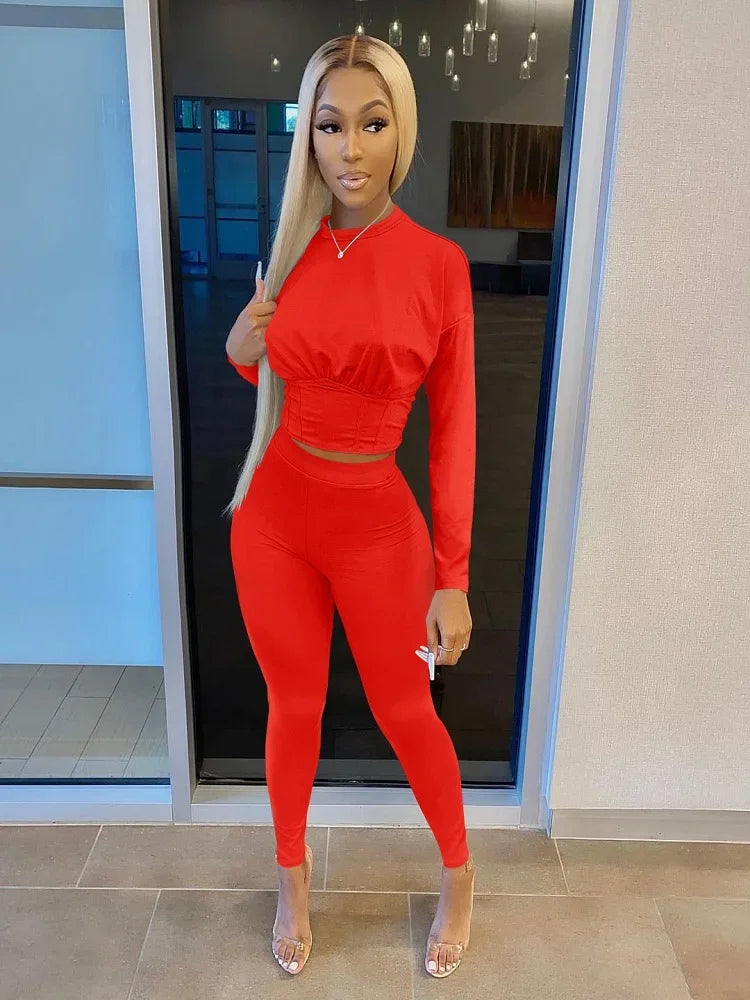 2023  New  AutumnWomen's Pure Color Sports Waist Suit Fashion Casual Two-piece Set
