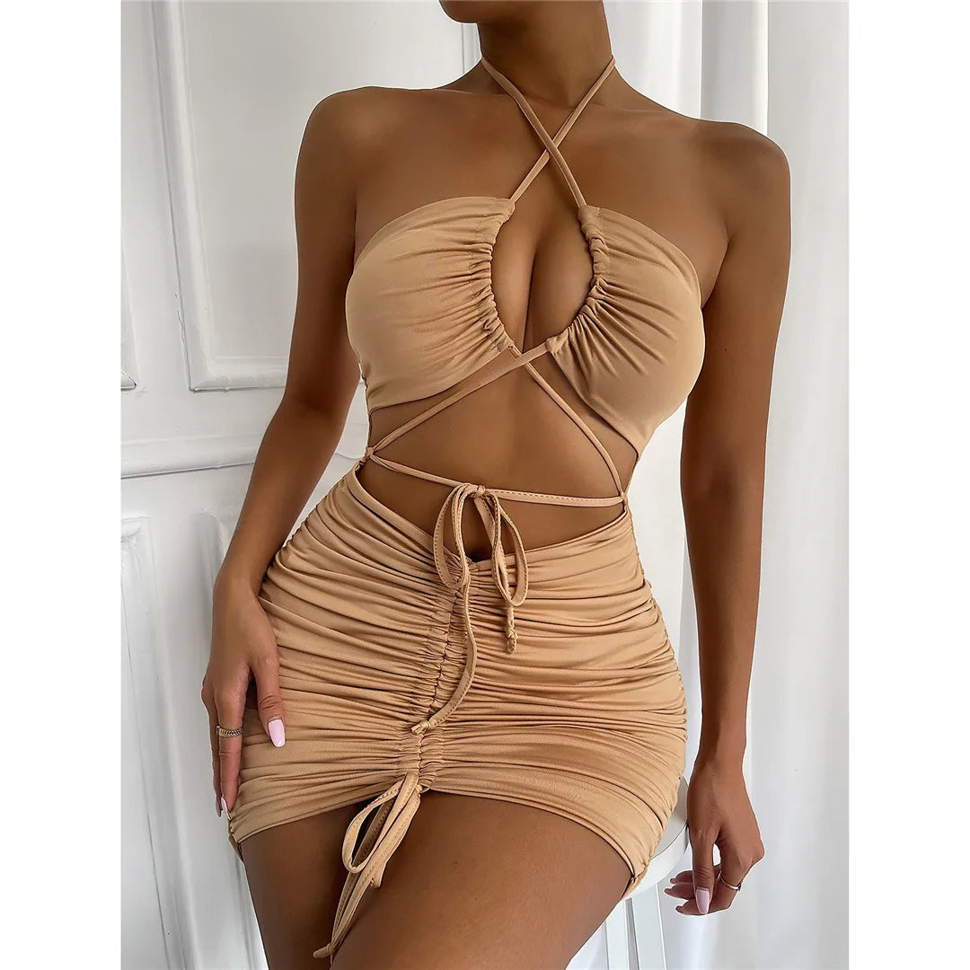 3 Colors Cut Out Halter Pleated Summer Dress Evening Party Bodycon Dress Mini Dress For Women Tight Dress Clubwear Vestidos D282