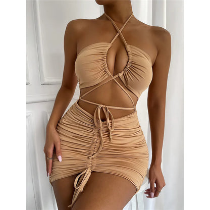 3 Colors Cut Out Halter Pleated Summer Dress Evening Party Bodycon Dress Mini Dress For Women Tight Dress Clubwear Vestidos D282