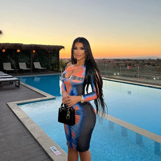 Autumn New Sexy Women Dresses Clubwear Hollow Out Fashion Print  Dresses Inclined Shoulder Skinny Female Slim Long Sleeves Dress