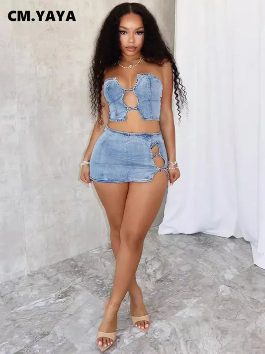 CM.YAYA Women Set Sleeveless Denim Strapless Tops and Mini Skirt Suits 2024 Sexy Hollow Out Beach Street Two 2 Piece Set Outfits