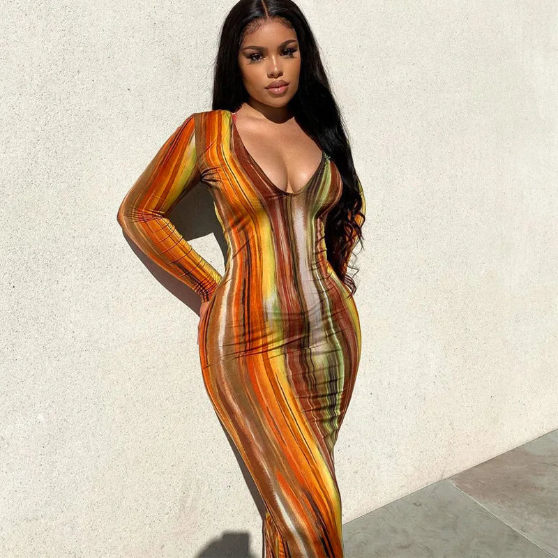 Spring And Summer Dresses For Women Chest Wrap Printed Off Shoulder Bandage Slim Sexy Long Dress New Fashion Party Long Sleeve