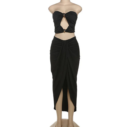 VEITCHE Summer Women Hollow Metal Buckle 2 Piece Skirt Sets Sexy Ruche Tops And Split Maxi Skirt Matching Clubwear Outfits