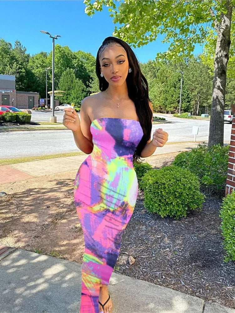 Spring And Summer Dresses For Women Chest Wrap Printed Off Shoulder Bandage Slim Sexy Long Dress New Fashion Party Long Sleeve