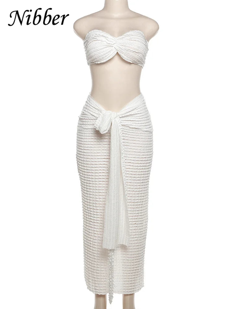 Nibber Elegant Stacked Folds Two Piece Set Women Solid Thin Strapless Chest Tops+Slim Skirts Female Streetwear Matching Suit