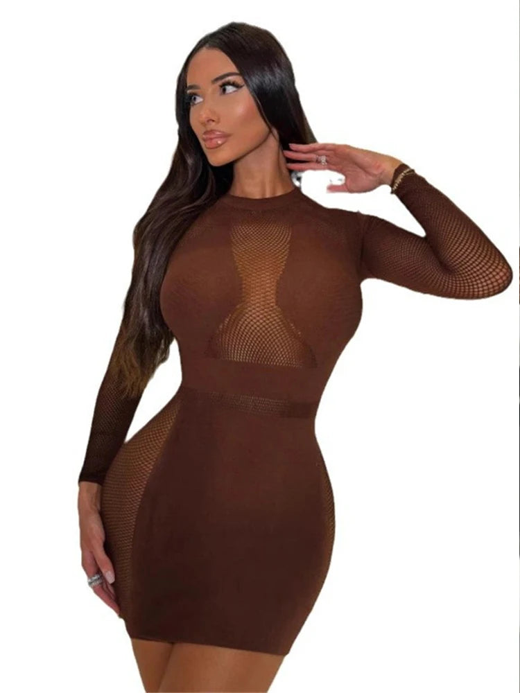 Weird Puss Sexy See Through Dress Women Autumn Trend o-Neck Skinny Full Sleeve Hottie Street Wild Peach Hip Classic Long Bodycon