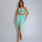 VEITCHE Summer Women Hollow Metal Buckle 2 Piece Skirt Sets Sexy Ruche Tops And Split Maxi Skirt Matching Clubwear Outfits