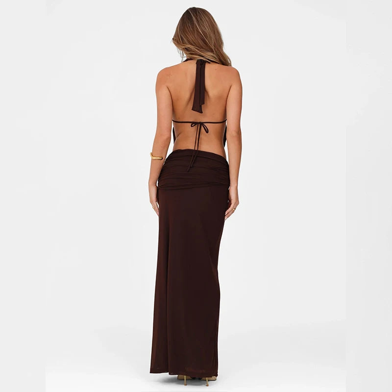 Candyhot Sexy Halter Backless Bandage Hollow Out Tops and Slim Mesh Maxi Skirt Y2K Summer Fashion Evening Women 2 Pieces Set