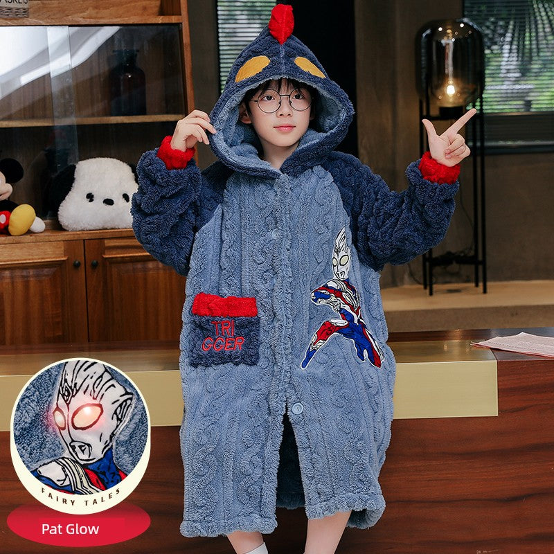 Boys Coral Velvet Night-Robe Autumn and Winter Thickened Heattech Children's Long Pajamas Boy Teen Bathrobe 2024 New Arrival