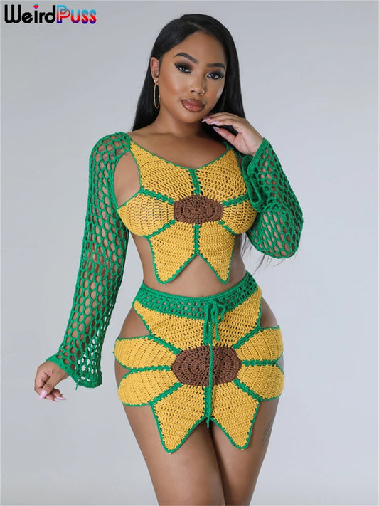 Weird Puss 2 Piece Sets Women Outfit Crochet Sunflower Backless Hollow Tops+Skinny Skirt Beach Party Summer Trend Matching Suits