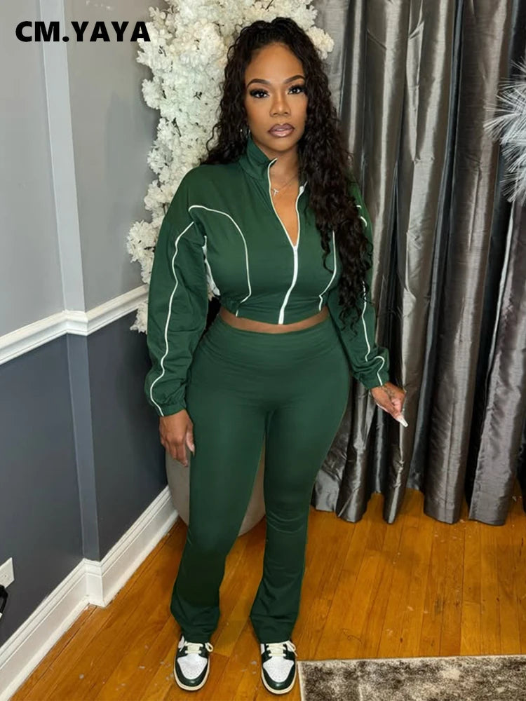 CM.YAYA Active Women's Set Zipper Sweatshirt Jacket and Long Pants Suit 2025 Sporty Fitness Two 2 Piece Sets Outfit Tracksuit