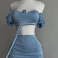 Sexy Puff Sleeve Strapless Crop Top High Waist Skirt 2 Piece Set Women Summer Lace Up Tube Slim Fit Suits Party Club Outfits
