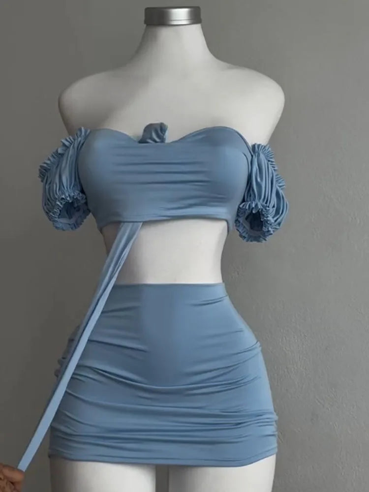 Sexy Puff Sleeve Strapless Crop Top High Waist Skirt 2 Piece Set Women Summer Lace Up Tube Slim Fit Suits Party Club Outfits