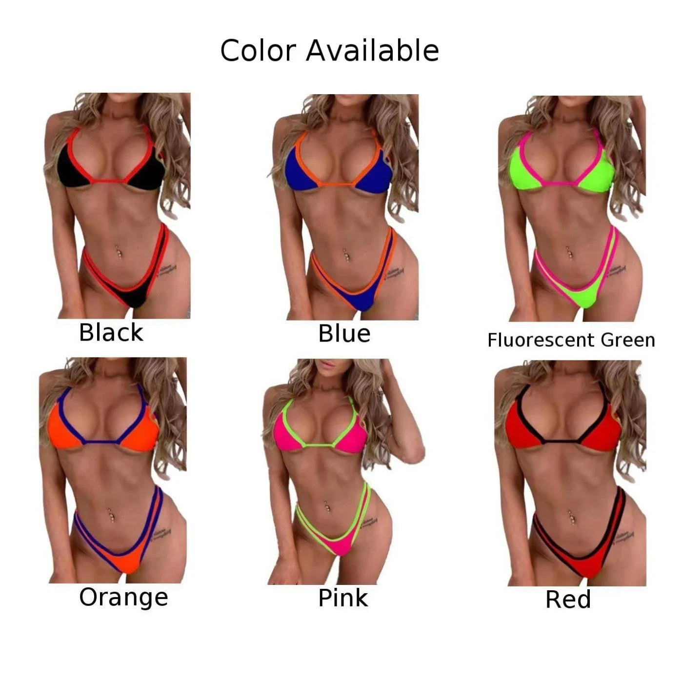 Women Sexy Bikini Set Low Waist V Thong Solid Color Slim No Pad Front Hasp Bathing Swimwear Summer Beach Breathable Wear Suit