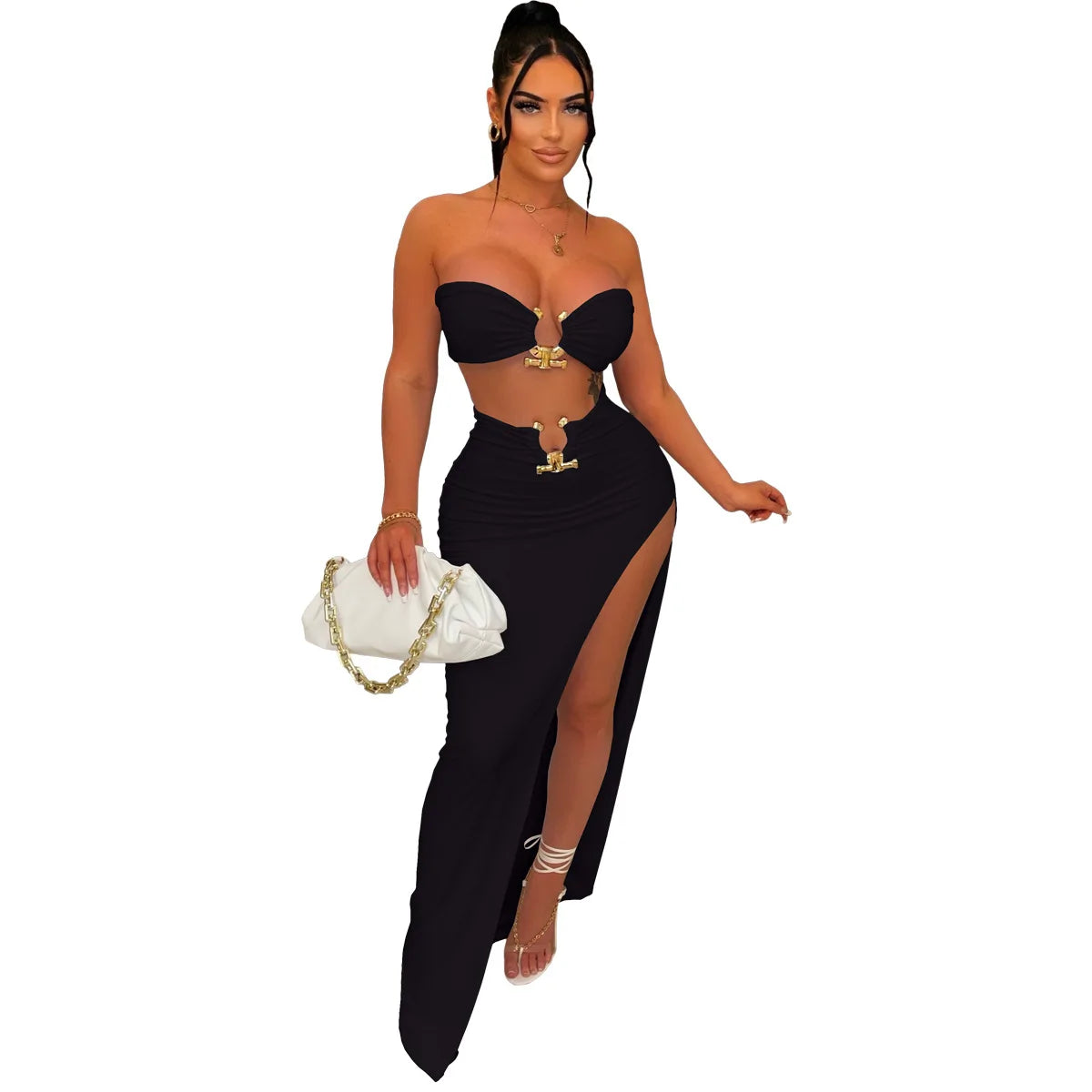 New Chic Gold Ring Bandeau Slit Skirt Two-Piece Set Womens Beautiful Off Shoulder Matching Skirt Set Nightclub Outfits