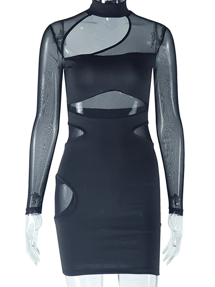 Weird Puss Sexy Mesh Dress Women Y2K Patchwork Hollow Solid Zip Summer Trend Skinny Elegant Hipster Stretch Bodycon Clubwear