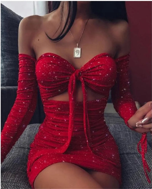 Sexy Women's Spring/Summer Long Sleeved Bright Crystal Bra Lace Hollow Mini Dress Elegant Red Long Sleeved Slim Fit Vestidos 3XL