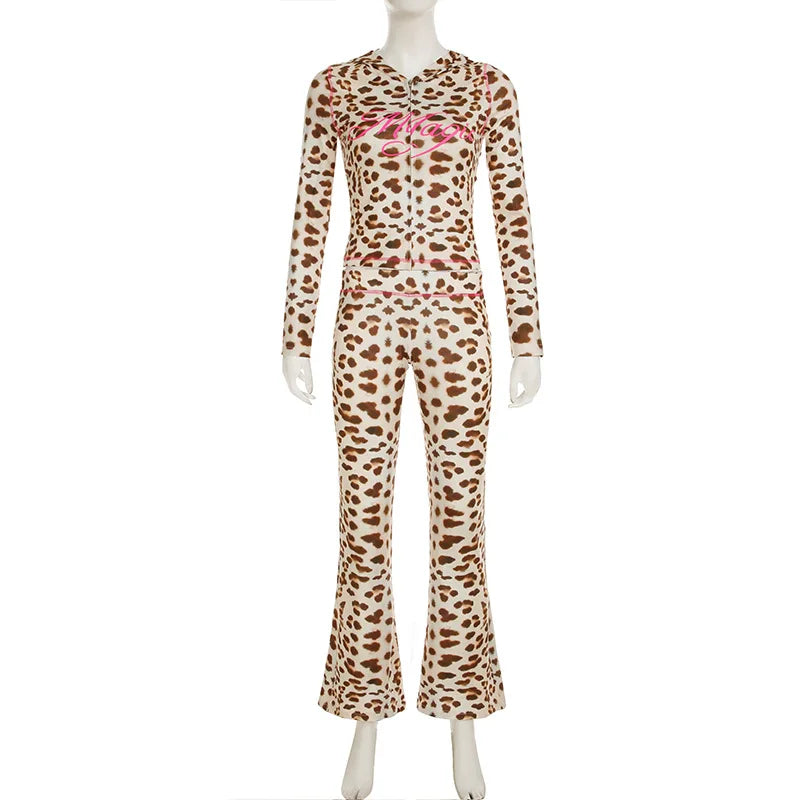 Sexy Two Piece Set for Woman Sexy y2k Letter Printed Leopard Print Hooded Zipper Top Sexy Low Waist Tight Micro Flared Pants Set