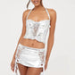 Women Halter Neck Wrap Top Short Skirt Two Piece Set Metallic Glitter Skirt Set Backless Sleeveless Crop Top Low Waist Skirts