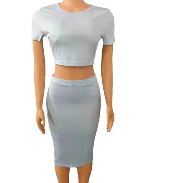 Europe And The United States Women's Short-sleeved Round Neck Blouse Leaky Waist Suit Tight Mid-length Package Hip Skirt