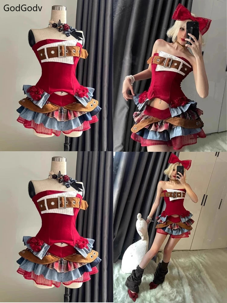 Summer Vintage Elegant Y2K Woman 2 Piece Sets Punk Gothic Strapless Crop Tops +High Waist Ruffle Skirt Female Party Outfits 2025