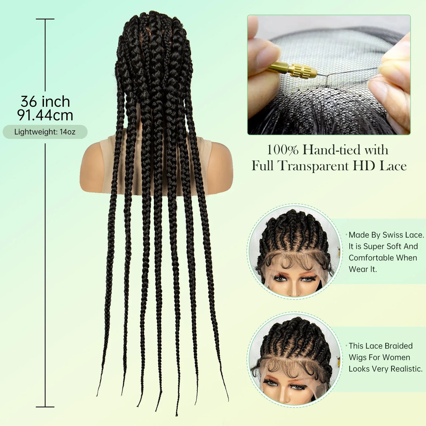 36inches Full Lace Cornrow Braided Wigs Synthetic Kontless Braids Wig Lace Frontal Braided Lace Wigs for Black Women