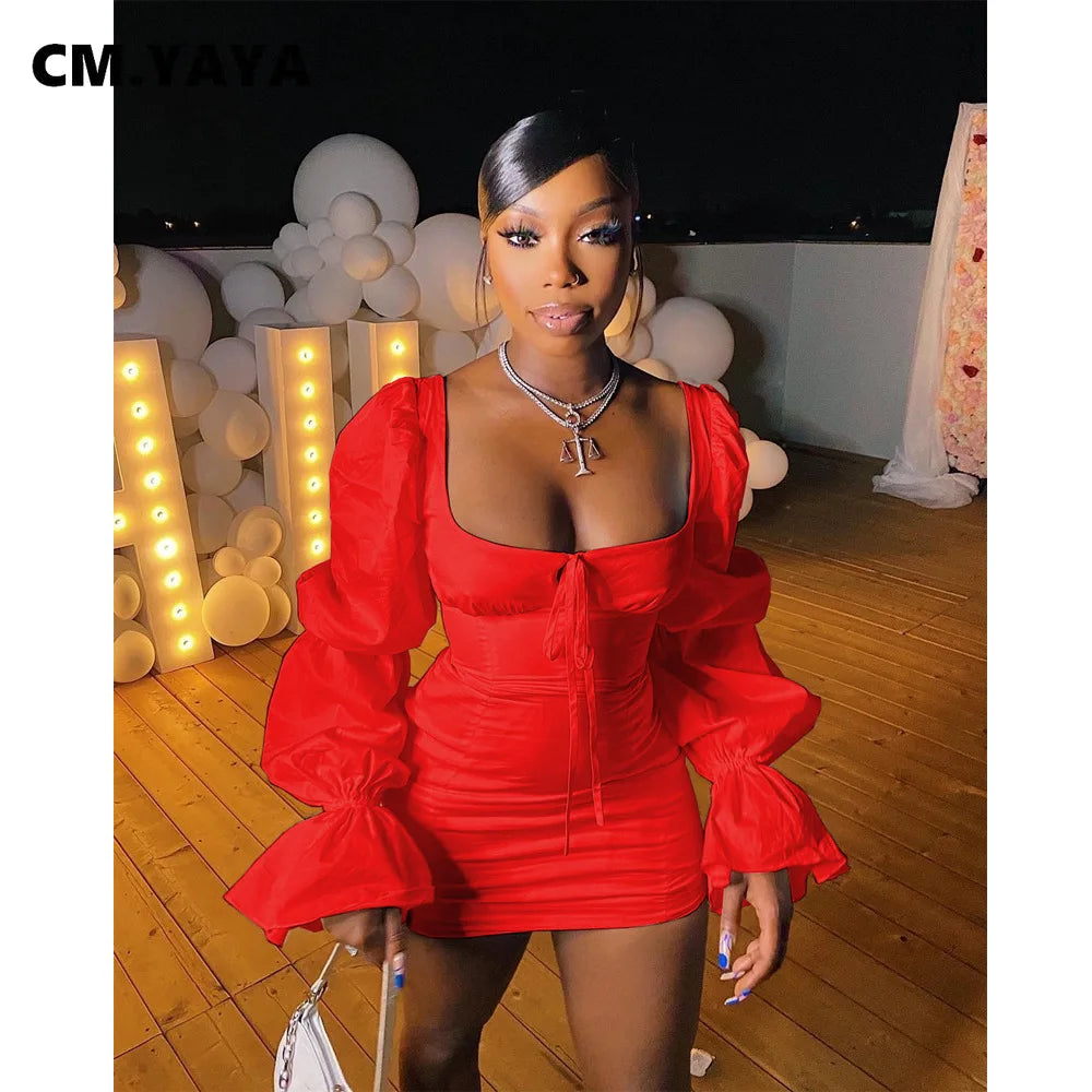CM.YAYA Women Mini Dress Solid Full Puff Sleeve Square Collar Bandage Stretchy Bodycon Dresses Sexy Fashion Vestidos Summer 2021