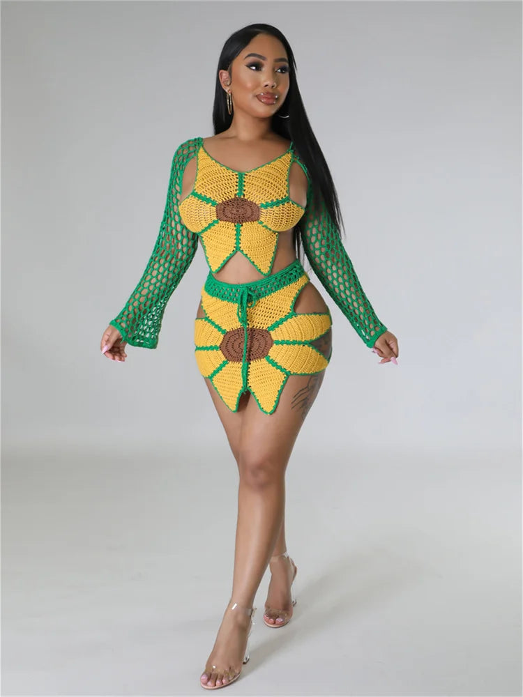 Weird Puss 2 Piece Sets Women Outfit Crochet Sunflower Backless Hollow Tops+Skinny Skirt Beach Party Summer Trend Matching Suits
