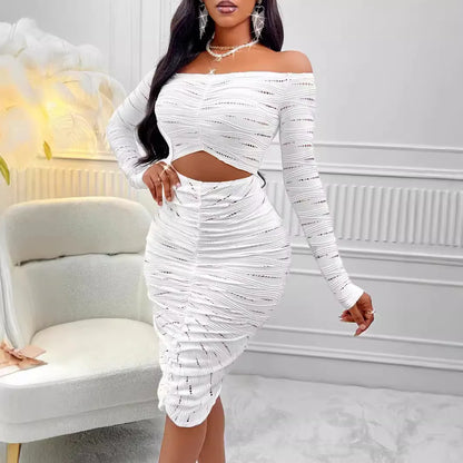 Women Dress Mid Length Dresses Bodycon Off Shoulder Hollow Out Sexy Elegant Sheath White Club High Waist Party Beach Vestidos