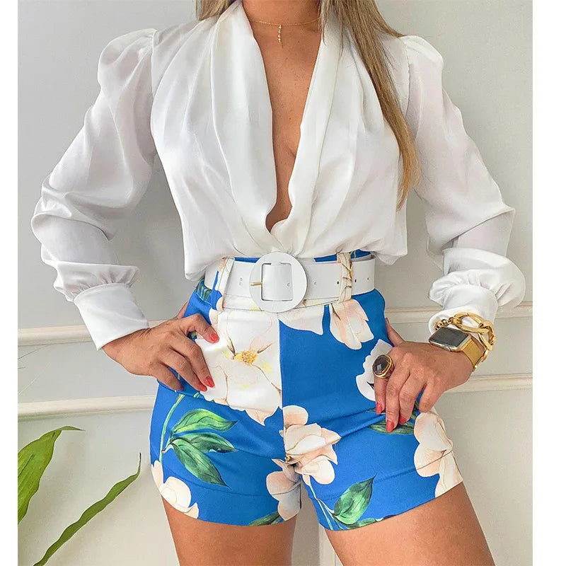 Two Piece Sets Womens Outifits Casual Vintage  Printed Shorts Sets Summer 2022 New V-neck Top Shorts Suits